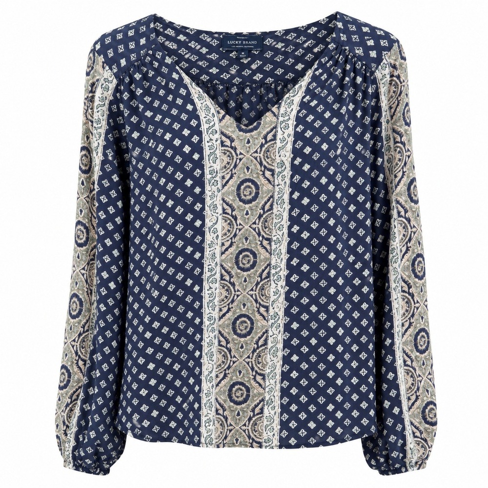 Lucky Brand Navy Boho Blouse Paisley Diamond V Neck Long Sleeve M